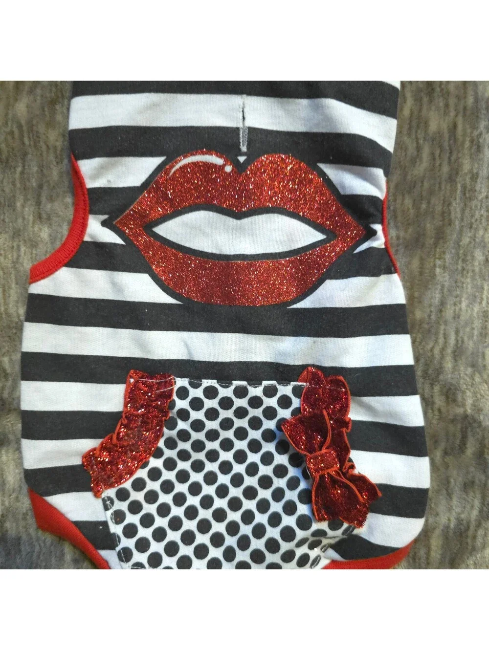 Black and White Striped Dog Hoodie with Red Glitter Lips and Polka Dot Accents